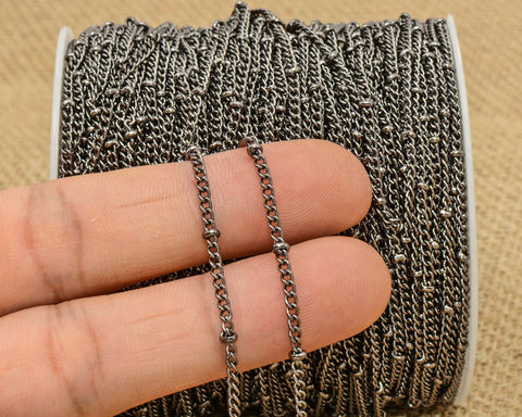 30 Feet Satellite Chain Bulk Wholesale, Bulk Curb Chain with Beads, Silver Gold Bronze Copper Beaded Chain for Jewelry Making