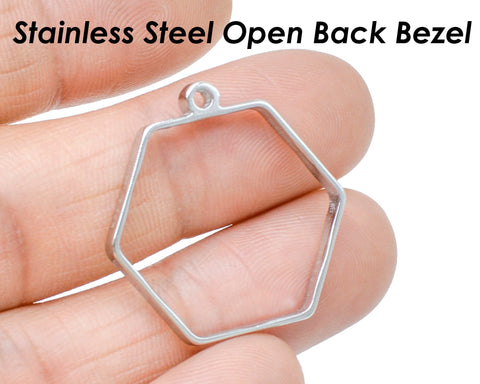 Open Back Bezel Pendant Stainless Steel, Hexagon Pendant Bezel Setting for Resin Polymer Enamel Pressed Flower DIY Pendant Jewelry Making