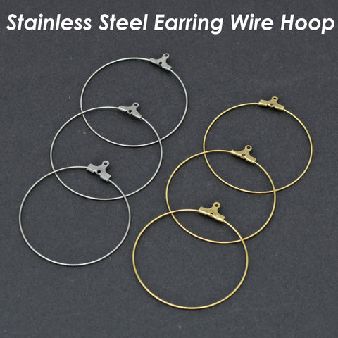 20 x Stainless Steel Earrings Ear Wire Hoops 20/25/30/35/40/45mm, Silver Gold Hoop Earring Findings Beading Hoops with Crimp Closures