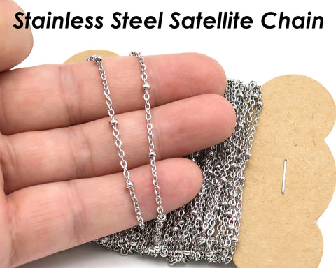 Satellite Chain Stainless Steel, Silver Gold Beaded Chain for Necklace Bracelet Making, Ball Station Chain Bulk by Feet Inch Length Meter