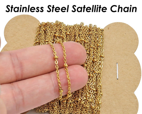 Satellite Chain Stainless Steel, Silver Gold Beaded Chain for Necklace Bracelet Making, Ball Station Chain Bulk by Feet Inch Length Meter