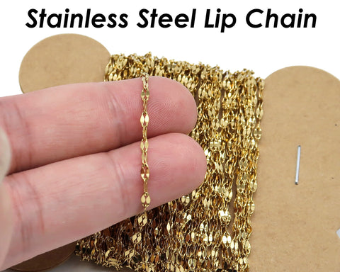 Lip Chain Gold Silver Double Bar Chain, Tarnish Free Stainless Steel Chain, Bulk Wholesale Soldered Link Chain for Jewelry Making