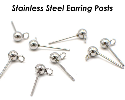 50 x Stainless Steel Post Earrings with Open Loop Vertical Ring, Ball Post Earring Stud Gold Silver, Earring Findings for Jewelry Making