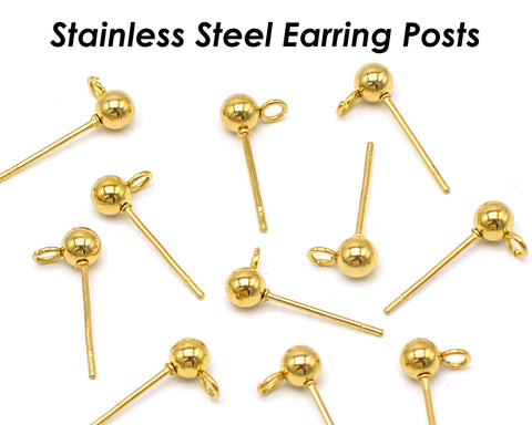 50 x Ball Post Earrings with Open Ring, Stainless Steel Post Earring Stud Gold Silver, Ball End Stud Earring, Ball Studs, Ball Post Earring