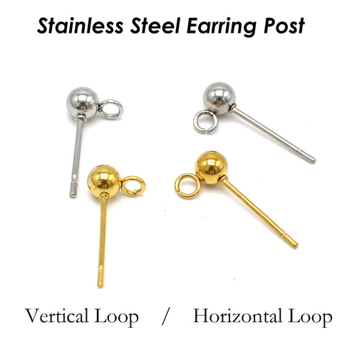 50 x Stainless Steel Post Earrings with Open Loop Vertical Ring, Ball Post Earring Stud Gold Silver, Earring Findings for Jewelry Making