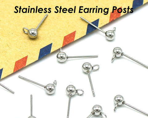 50 x Stainless Steel Post Earrings with Open Loop Vertical Ring, Ball Post Earring Stud Gold Silver, Earring Findings for Jewelry Making