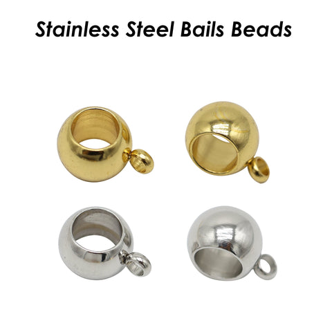 50 x Charm Bail Beads Large Hole, Stainless Steel Hanger Beads Gold Silver, 4mm 5mm 6mm 8mm Spacer Beads with Loop, Link Beads with Ring