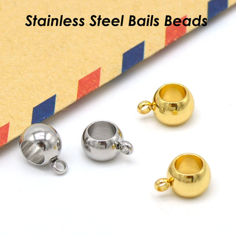 20 x Charm Bail Beads Large Hole, Stainless Steel Beads with Ring, 4mm 5mm 6mm 8mm Spacer Beads with Loop, Silver Gold Hanger Beads