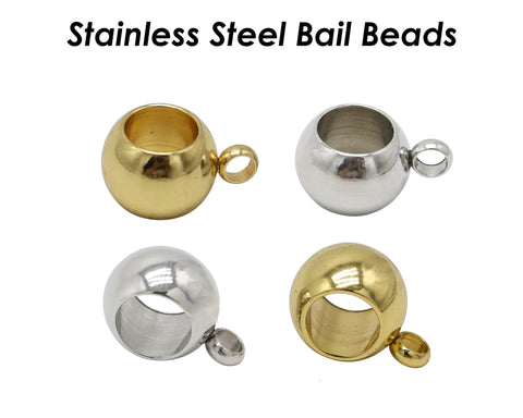 50 x Charm Bail Beads Large Hole, Stainless Steel Hanger Beads Gold Silver, 4mm 5mm 6mm 8mm Spacer Beads with Loop, Link Beads with Ring