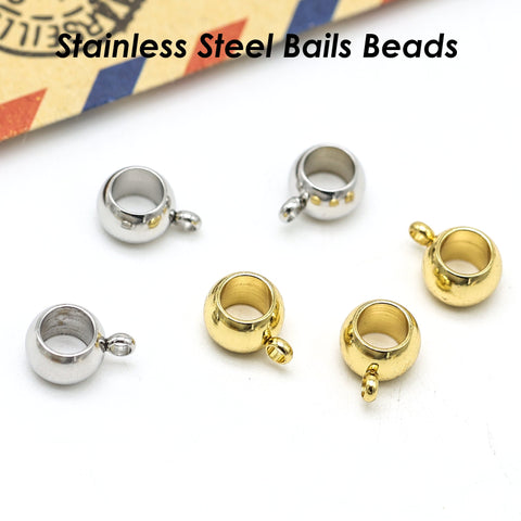 50 x Charm Bail Beads Large Hole, Stainless Steel Hanger Beads Gold Silver, 4mm 5mm 6mm 8mm Spacer Beads with Loop, Link Beads with Ring