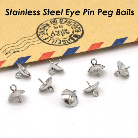 20 x Stainless Steel Eye Pin Bail with Cup 3/4/5/6/8mm, Pearl Peg Drop Cup, Pearl Bail Gold Silver, Peg Bail for Half Drilled Pearls Beads