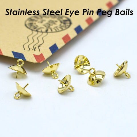 20 x Stainless Steel Eye Pin Bail with Cup 3/4/5/6/8mm, Pearl Peg Drop Cup, Pearl Bail Gold Silver, Peg Bail for Half Drilled Pearls Beads