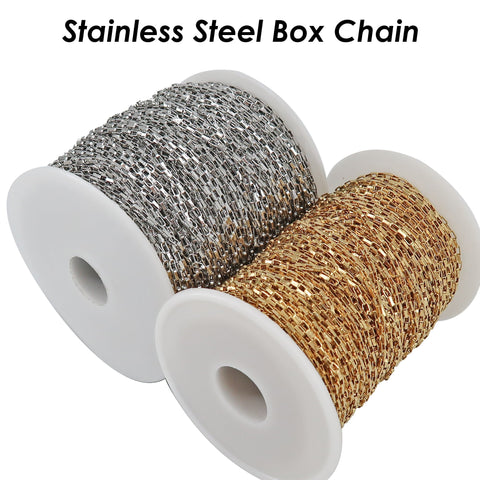 Stainless Steel Chain Bulk Chain by Foot Inch, Rectangle Box Chain Gold Silver, Tarnish Free Rectangle Link Chain for Jewelry Making