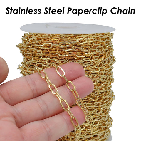 10 Feet x Stainless Steel Paper Clip Chain Gold & Steel Tarnish Resistant Rectangle Link PaperClip Necklace Chain Bulk for Jewelry Making