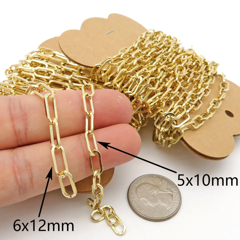 10 Feet - Paper Clip Chain Bulk by Foot, Rectangle Link Chain - Gold, 14K Gold, Bronze, Copper Paperclip Chain for Jewelry Making