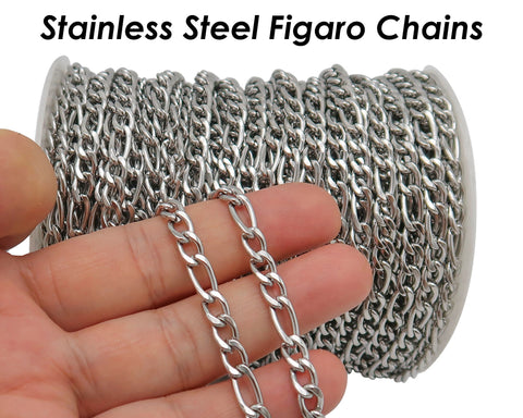 10 Feet x Figaro Chain Bulk Wholesale, Stainless Steel Figaro Chain Gold Silver, Bulk Figaro Chain for Necklace or Bracelet Making