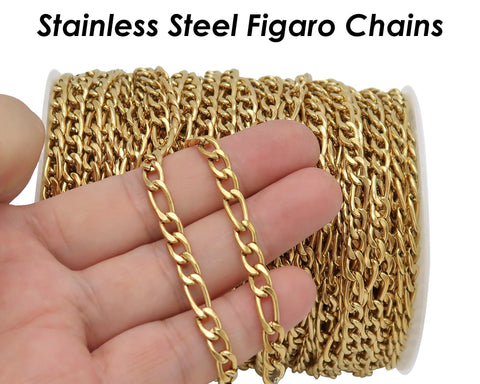 10 Feet x Figaro Chain Bulk Wholesale, Stainless Steel Figaro Chain Gold Silver, Bulk Figaro Chain for Necklace or Bracelet Making