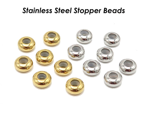 5/6/8/10mm Rubber Stopper Beads Stainless Steel, Sliding Adjustable Rondelle Beads, Round Spacer Beads Gold Plated Bead Keeper