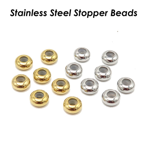 5/6/8/10mm Rubber Stopper Beads Stainless Steel, Sliding Adjustable Rondelle Beads, Round Spacer Beads Gold Plated Bead Keeper