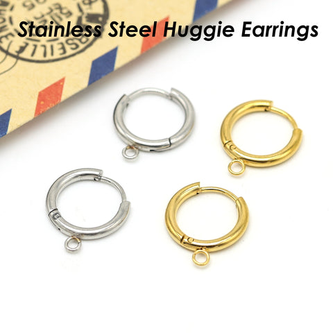 10 x Stainless Steel Huggie Earring Hoop with Loop, Hoop Earrings Gold Silver Ear Hoops, Surgical Earring Findings, Lever Back Earring Hooks