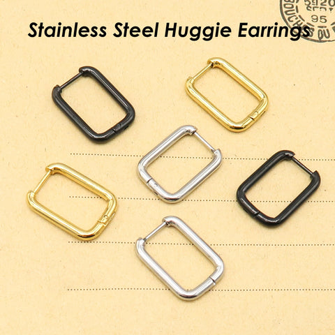 Rectangle Huggie Hoop Earrings Gold Silver Black, Surgical Steel Huggie Earring Hoops Stainless Steel Hoop Earring Hooks for Women Men