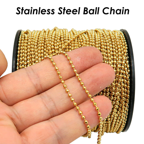 Stainless Steel Ball Chain Gold, Tarnish Free Gold Ball Chain Bulk for Jewelry Making, 1.5mm 2.0mm 2.4mm Bead Chain for Necklace Making