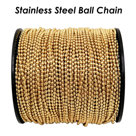 Stainless Steel Ball Chain Gold, Tarnish Free Gold Ball Chain Bulk for Jewelry Making, 1.5mm 2.0mm 2.4mm Bead Chain for Necklace Making