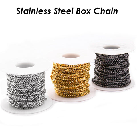 10 Feet Round Box Chain Bulk Wholesale for Men Women Necklace Bracelet, Stainless Steel Chain Gold Silver Black Box Chain for Jewelry Making