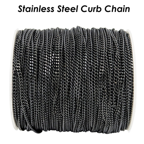 30 Feet x Black Chain Stainless Steel Curb Chain Bulk, 1.5mm 2mm 3mm Curb Link Chain, Bulk Stainless Steel Chain for Jewelry making