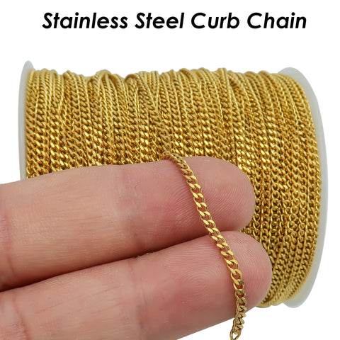 30 Feet Bulk Curb Chain 1.5mm 2mm 3mm Stainless Steel Link Chain Gold Silver by Length Yard Meter for Jewelry making