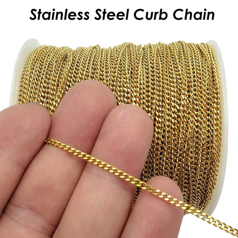 30 Feet Bulk Curb Chain 1.5mm 2mm 3mm Stainless Steel Link Chain Gold Silver by Length Yard Meter for Jewelry making