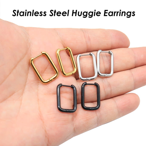 Rectangle Huggie Hoop Earrings Gold Silver Black, Surgical Steel Huggie Earring Hoops Stainless Steel Hoop Earring Hooks for Women Men