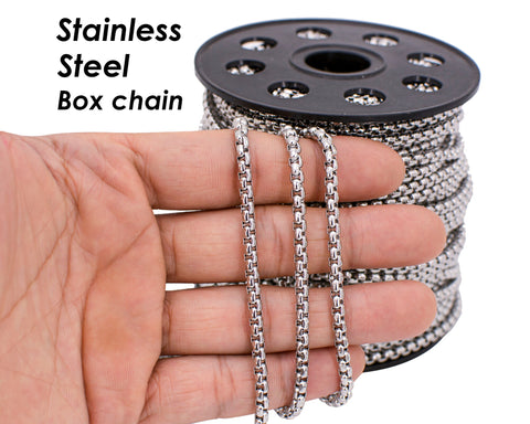 10 Feet Round Box Chain Bulk Wholesale for Men Women Necklace Bracelet, Stainless Steel Chain Gold Silver Black Box Chain for Jewelry Making