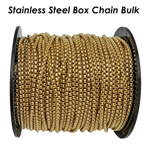 10 Feet - Round Box Chain Bulk for Men Women Necklace Bracelet, Stainless Steel Chain Black Silver Gold Box Chain for Jewelry Making