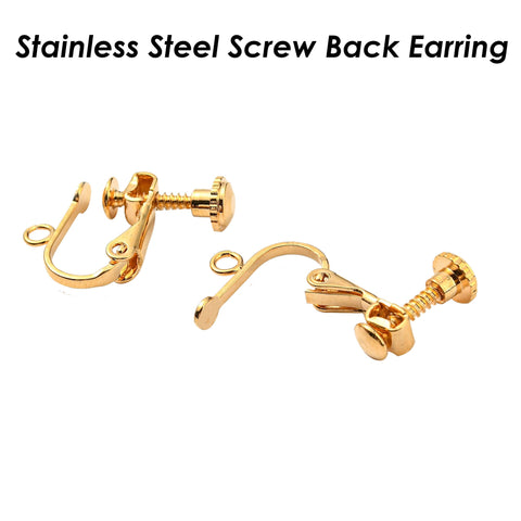 Clip-on Earring Wire Gold Silver, Stainless Steel Earring Clip with Loop, Screw Back Lever Back Earring Findings, Non Pierced Earring