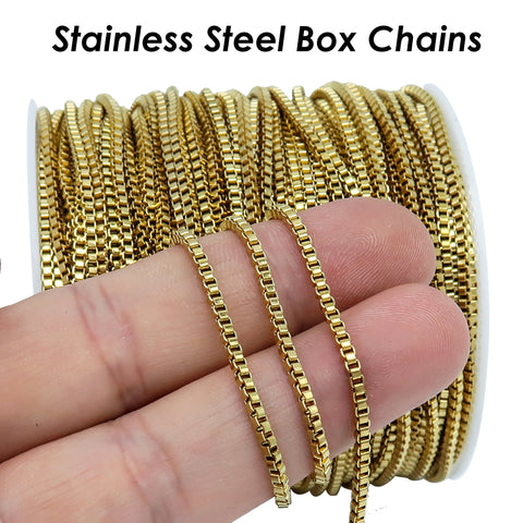 Stainless Steel Box Chain Gold Silver, 2mm Box Chain for Women Necklace or Bracelet Making, Bulk Stainless Steel Chain for Jewelry Making