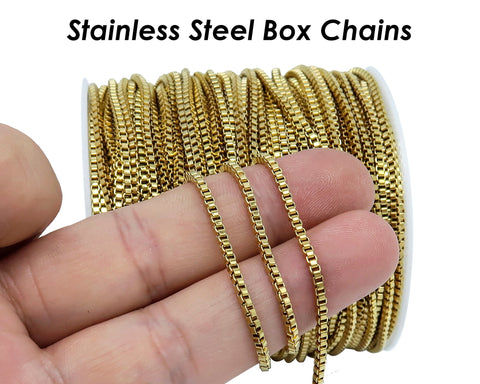 Stainless Steel Box Chain Gold Silver, 2mm Box Chain for Women Necklace or Bracelet Making, Bulk Stainless Steel Chain for Jewelry Making