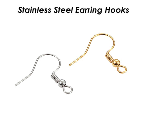 100 x Stainless Steel Earrings Hooks Gold Silver, Wholesale Earring Findings Ear Wires, Hypoallergenic Earring Wires Surgical Steel Earrings