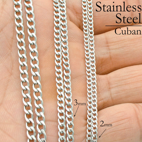 Stainless Steel Necklace for Women or Men, 16 18 20 22 24 30 Inches NK Cuban Link Chain Necklaces, Flat Curb Chain for Jewelry Making