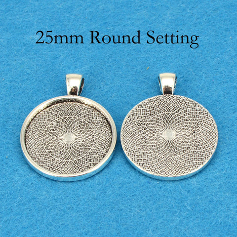 25mm Round Pendant Tray Pendant Blanks, 1 inch Round Bezel Cup, Cabochon Setting - Silver Bronze Copper Gold Gunmetal Black