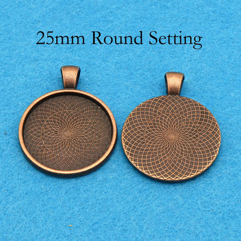 25mm Round Pendant Tray Pendant Blanks, 1 inch Round Bezel Cup, Cabochon Setting - Silver Bronze Copper Gold Gunmetal Black