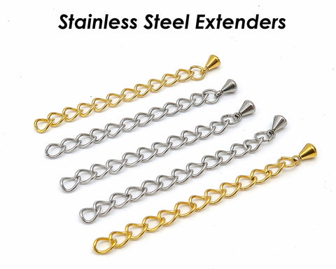 Stainless Steel Chain Extender Gold Silver, 2 Inch Extender Chain for Necklace or Bracelet Jewelry Making, Tail Chain Extension with Charms