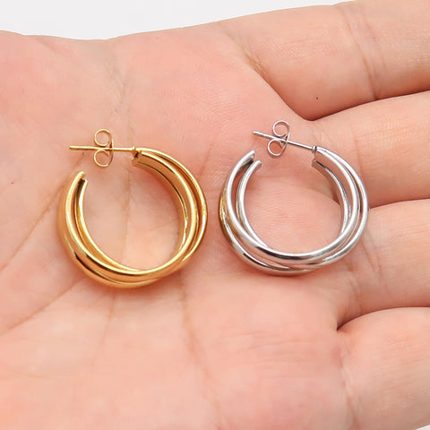 Triple Wire Hoop Earring Stainless Steel Huggie Earring Hoops Gold Silver, Hinged Hoop Earrings for Women, Minimalist Earrings