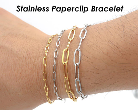 Stainless Steel Paperclip Bracelet Gold Silver, Stackable Paper Clip Link Chain Bracelet for Women or Men, Gift for Her Him