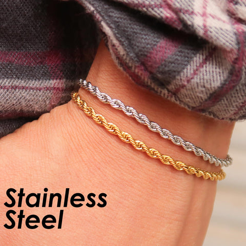 3mm Stainless Steel Rope Bracelet Gold Silver Stainless Steel Rope Chain Bracelet Stackable Stainless Steel Bracelet for Women Men