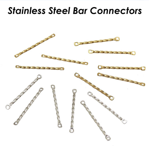 50 x Stainless Steel Bar Connectors, Twist Bar Links, Connecting Bars, Connector Bar Charms W/ Two Hole Links, Stick Charms