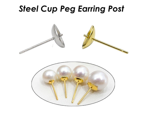 50 x Earring Cup Post for Pearls or Beads, Stainless Steel Earring Cup with Peg Ear Studs, Gold Stud Earring Post for Half Drilled Pearls