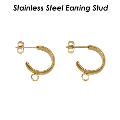 Stainless Steel Earring Stud, C Shape Earring Hoop Gold Silver,Stud Earring with Loop for Connecting, Earring Findings for Jewelry Making