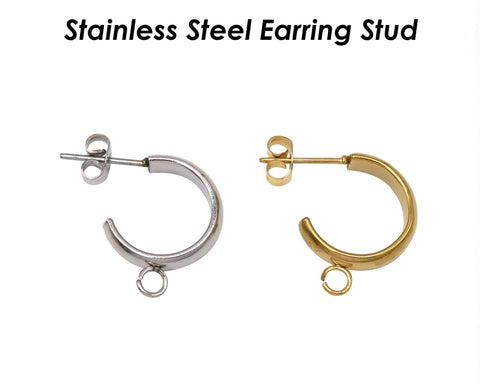 Stainless Steel Earring Stud, C Shape Earring Hoop Gold Silver,Stud Earring with Loop for Connecting, Earring Findings for Jewelry Making