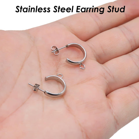 Stainless Steel Earring Stud, C Shape Earring Hoop Gold Silver,Stud Earring with Loop for Connecting, Earring Findings for Jewelry Making